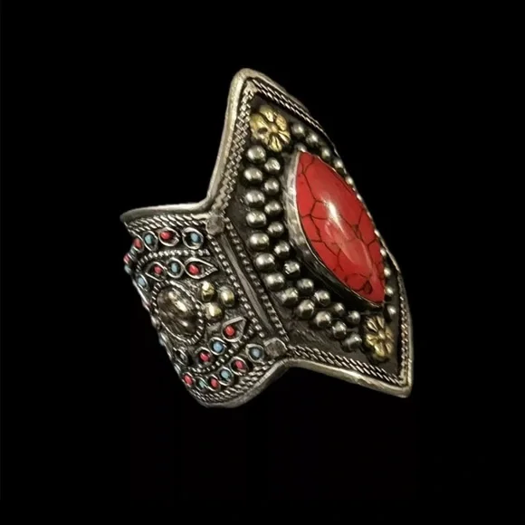Afghan KUCHI German Silver cuff, Antique, Rare Boho/Tribal/Punk/ Festival, Coral - Picture 2 of 6